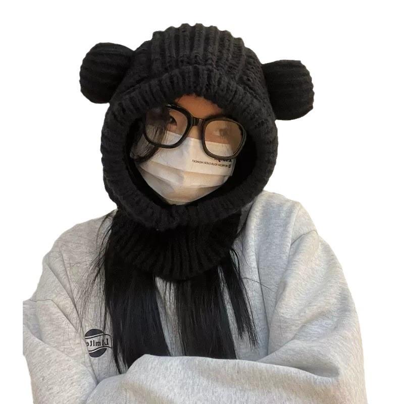Chapeau Écharpe Intégré Oreilles d'Ours Chapeau d'Hiver Polyvalent Protège-Oreilles Cagoule Chapeau en Laine Tricoté Tendance
