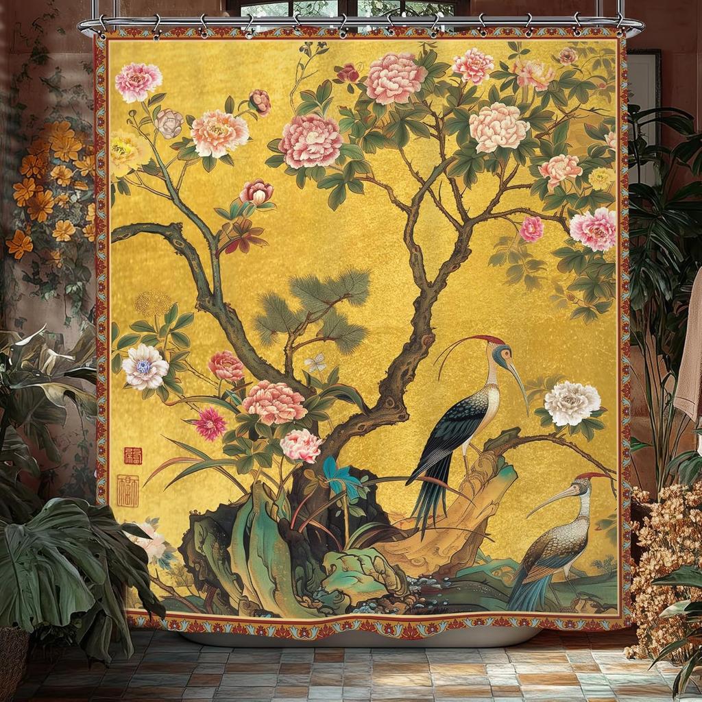 Vintage Flower Floral Bathroom Shower Curtain Retro Crane Chinese Botanical Art Polyester Fabric 12 Plastic Hooks Waterproof