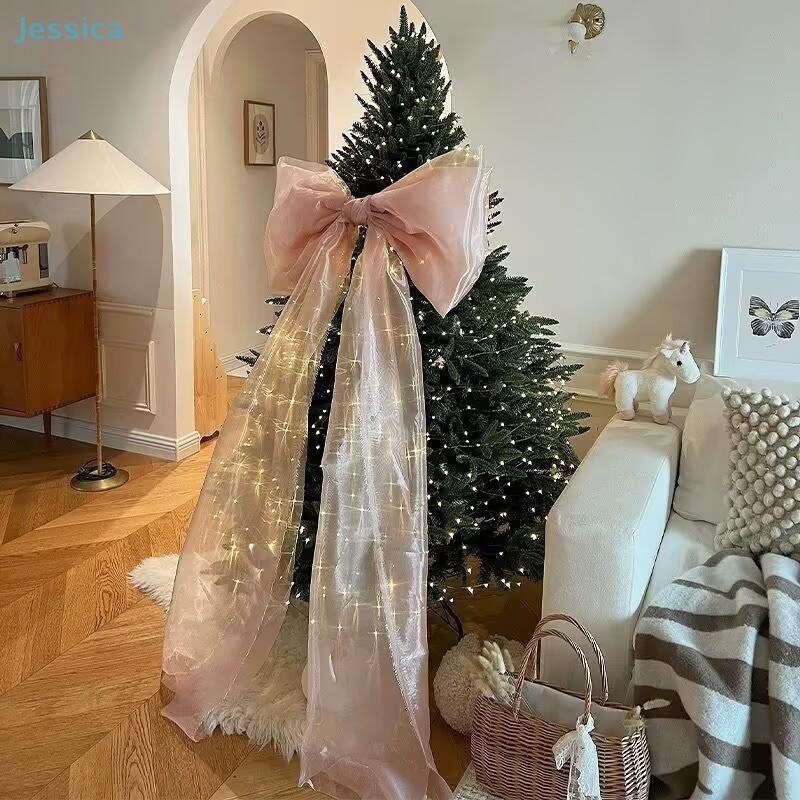 Pink Organza Lighted Christmas Tree Bow Topper Large Holiday Tree Decoration Elegant Xmas Home Party Decor Accessory