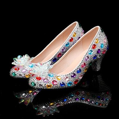Fashion Luxury Colorful Rhinestones Wedding Women Pumps Fashion Round Toe Crystal Flowers Bridal Party High Heels Elegant Banquet Shoes