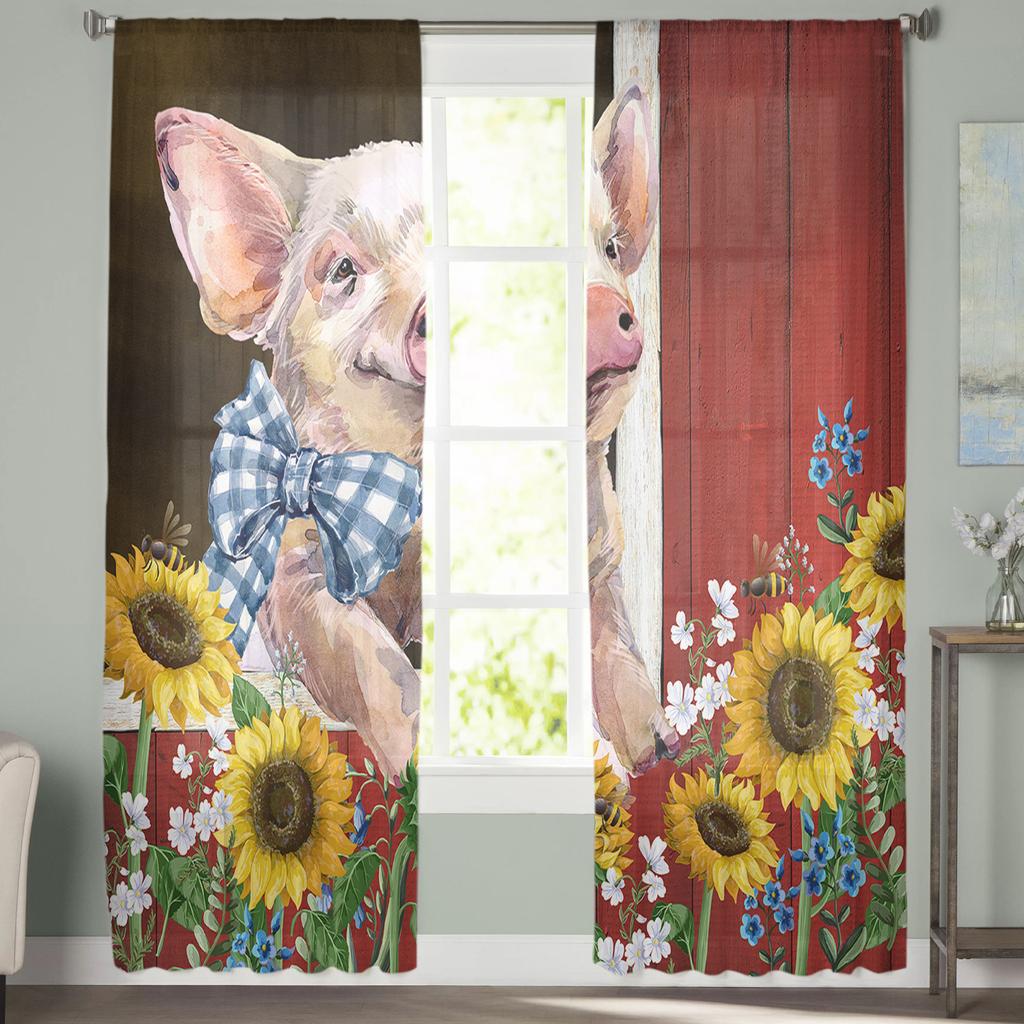 Pig Sunflower Farm Idyllic Barn Sheer Curtains for Living Room Modern Voile Curtain Bedroom Tulle Curtains Window Drapes Decor