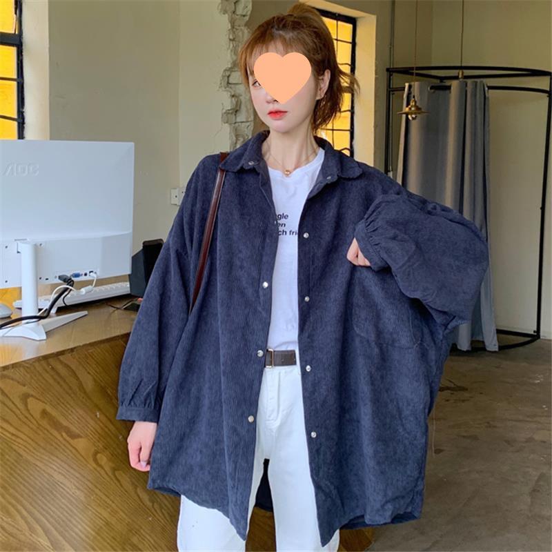 Women's Retro Korean-Style Corduroy Shirt - Long Sleeve, Loose Fit, Hong Kong Chic