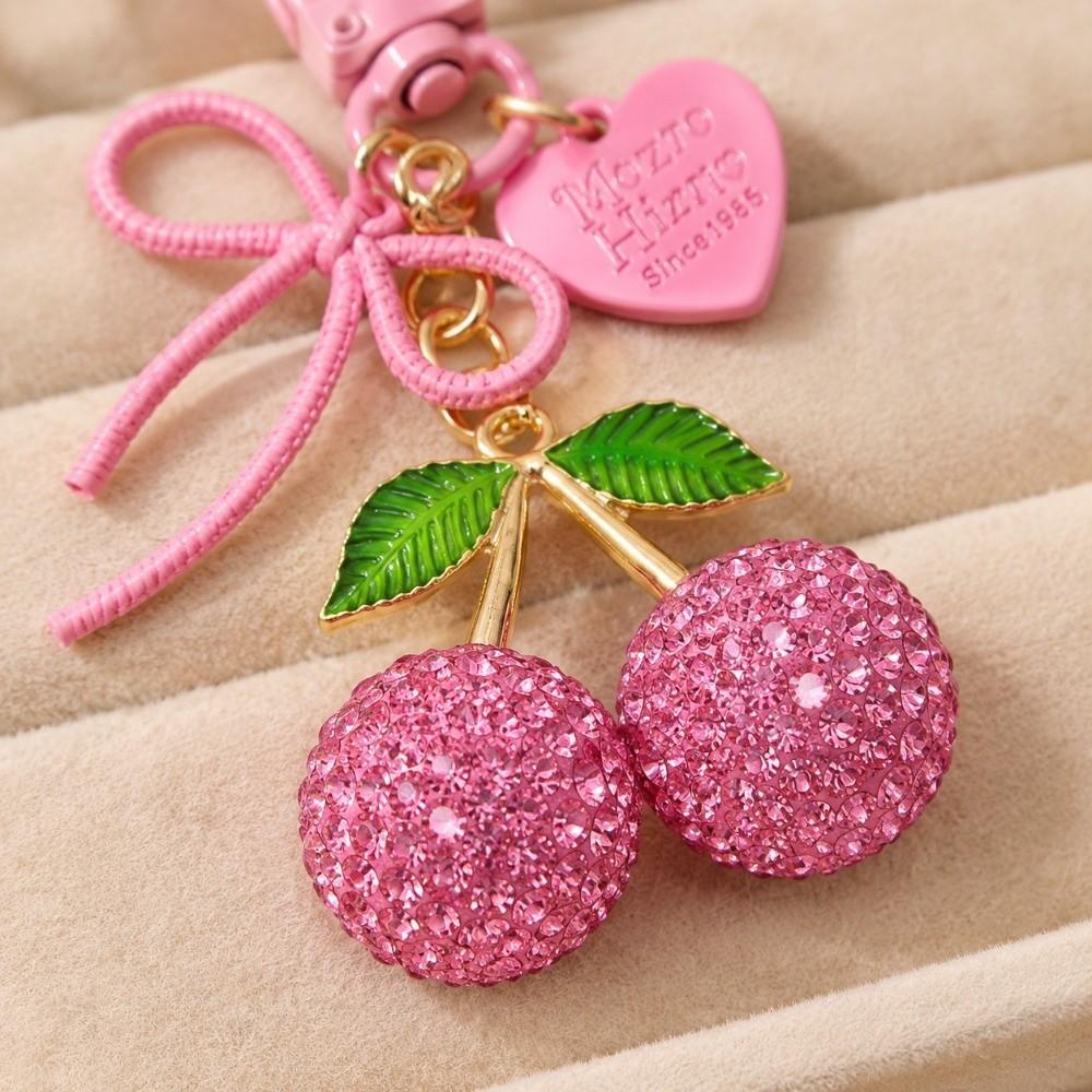 Sparkly Fruit Cherry Keychain Pearl Bow Charm Fruit Bag Pendant Car Key Ring Purse Decoration