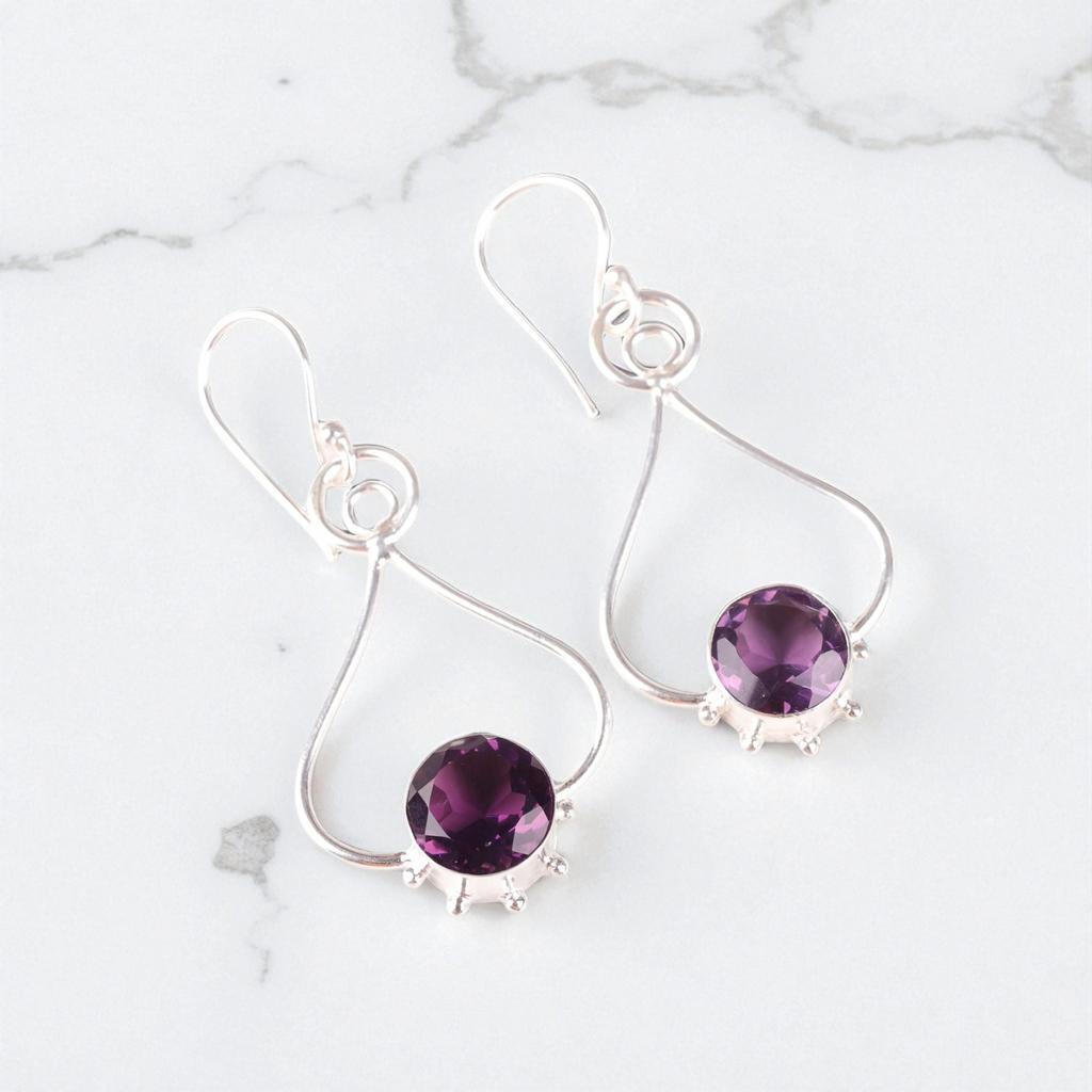 Amethyst Gemstone 925 Sterling Silver Jewelry Handmade Women Hook Earrings2.06" EE-98-5