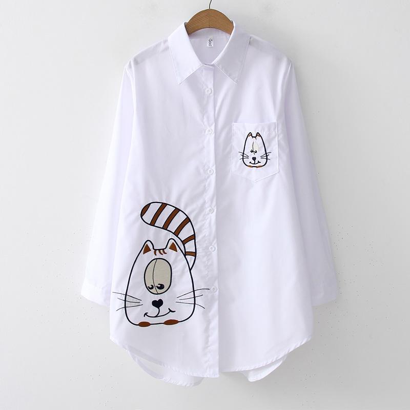 

Белая рубашка, повседневная рубашка на пуговицах с отложным воротником, женская блузка, хлопковая блузка с длинным рукавом, блузка с вышивкой, женская блузка XL