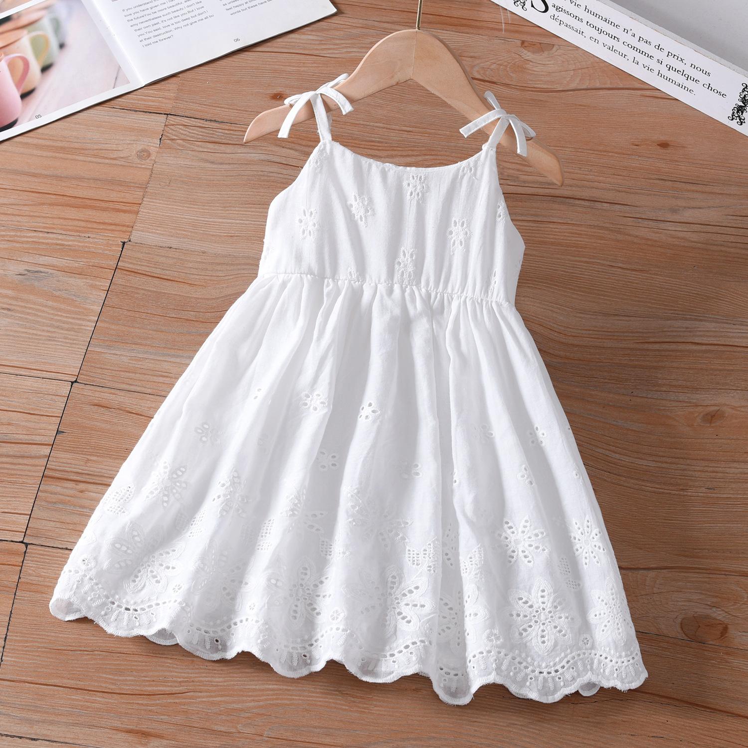 Girls Summer White Hollow Out Strap Princess Dress Middle Big Kids Pure Cotton Stylish Sundress 90cm