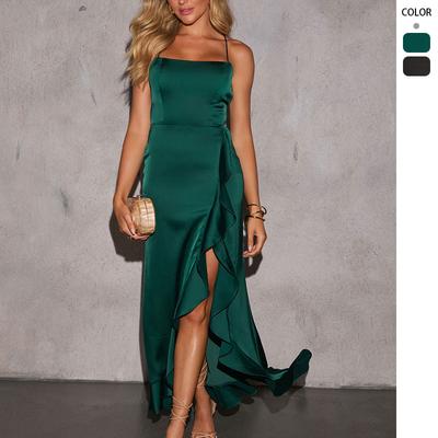 Summer New Celebrity Style Sexy Temperament Suspender Ruffle Edge Split Dress Dress Women
