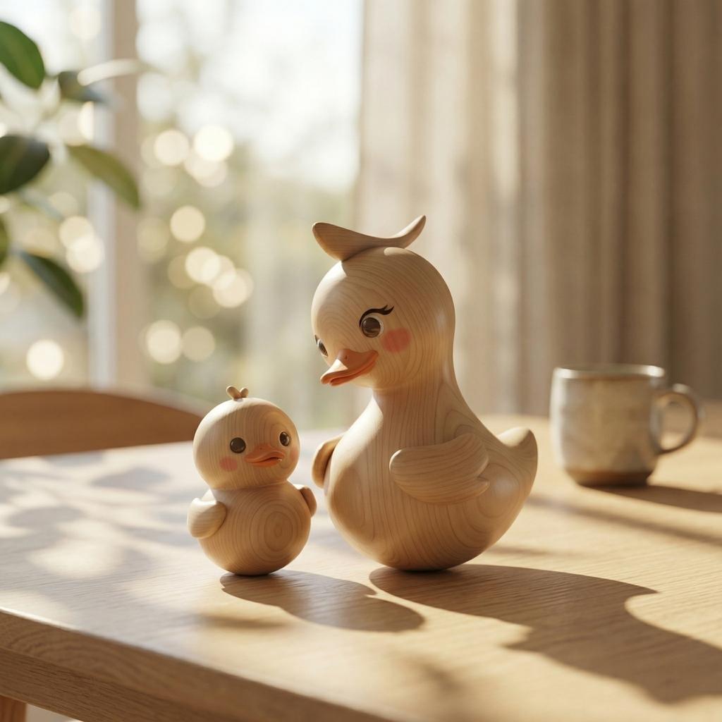 Wooden Duck Figurine Set Decorative Mother and Baby Duck Sculptures Handcrafted Home Decor Ornament