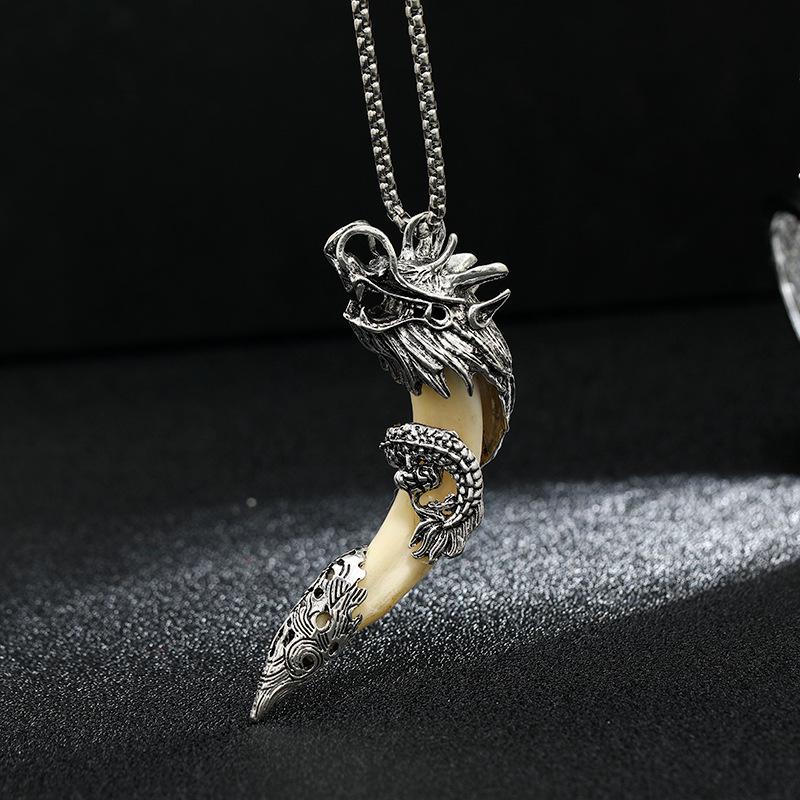 Panlong Wolf Tooth Niche Titanium Steel Necklace Tibetan Silver Inlaid Real Dog Tooth Pendant Men's and Women's Personalized Retro Pendant