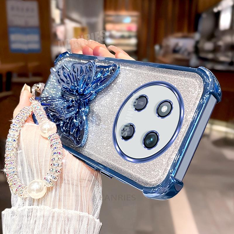 Magic7lite Lanyard Plating Butterfly Holder Silicone Case For Honor Magic 7 6 5 Magic7 Lite Pro X9c Shockproof Stand Back Cover