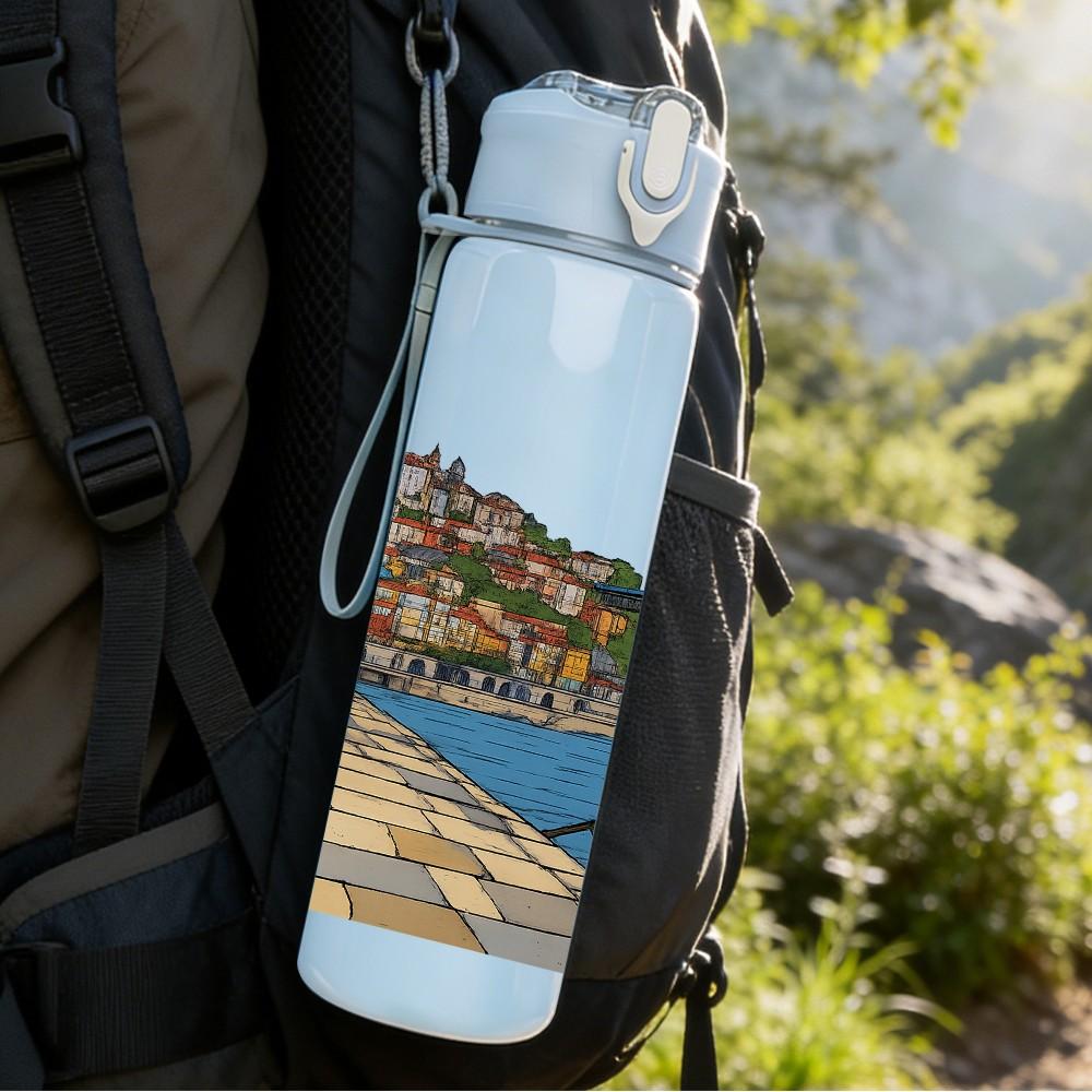 1PC Old Bridge River City Scene Print 750ml Color Plastic Sports Water Bottle Leakproof Flip Straw Lid Suitable for Sports Office Home Use