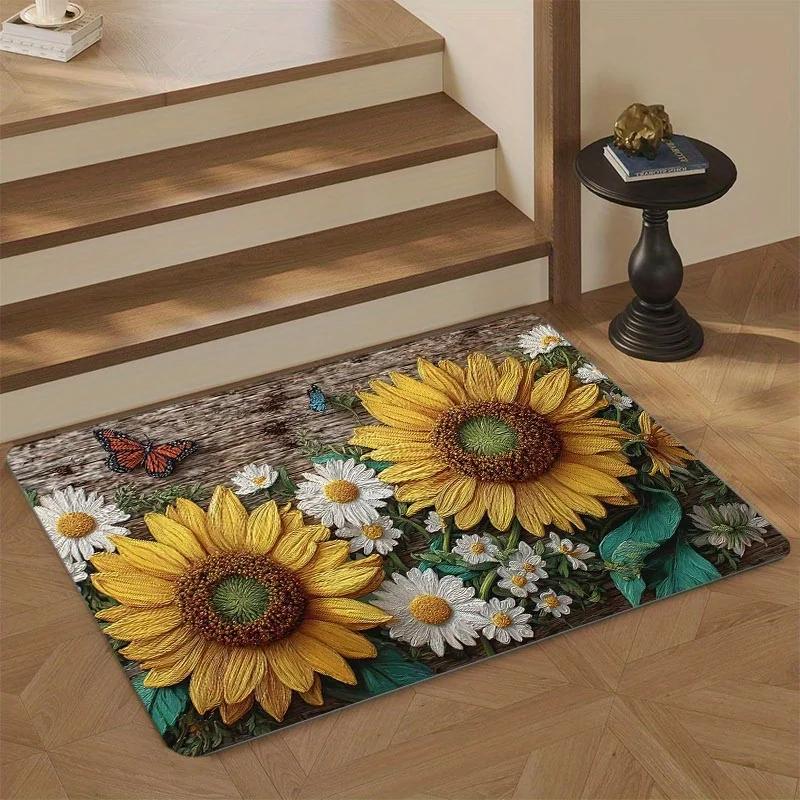 1pc Sunflower Daisy Butterfly Floor Mat, Polyester Fabric, Machine Washable, Suitable for Bedroom, Living Room Decoration