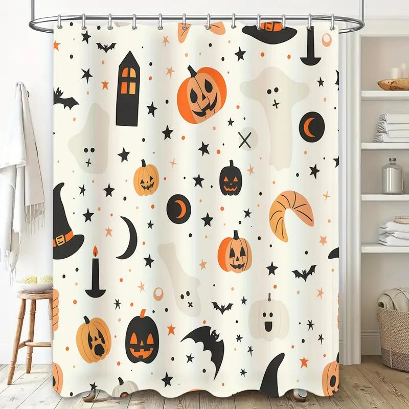 Dekoracje Halloween Zestaw Zasłony Prysznicowej ze Wzorem Dyni i Ducha do Łazienki Pomarańczowy Czarny Biały Halloween Nietoperz Czarownice Ha