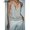 Zaprha 2025 Summer New All-Match Pleat Sequin Girly Style V-neck Sleeveless Sling Top 1014801