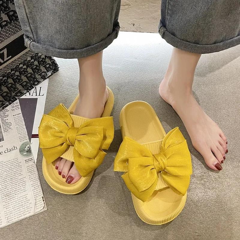 

Модные нескользящие шлепанцы на толстой подошве и высоком каблуке, сандалии с ощущением дерьма, модные шлепанцы с бантом для женщин, лето, для дома 44-45 жёлтый