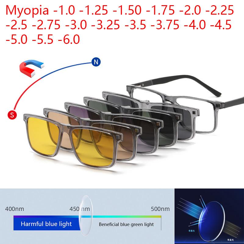 Prescription Transparent Grey Myopia -0.5 To -10 Square Frame Magnetic Sunglasses Blue Light Blocking Lens Anti-skid Booties