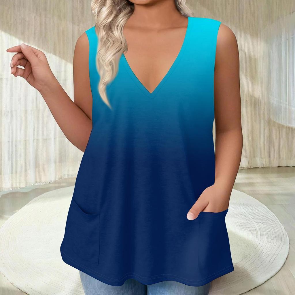 Women's V-neck T-shirt Vest Loose With Pockets T-shirt Gradient Colour Printed Bottom Shirt