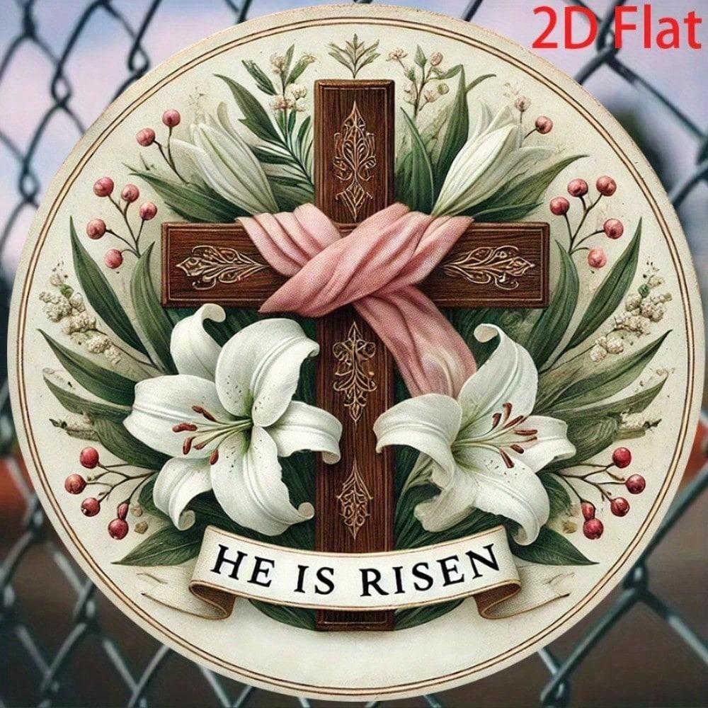 Easter Cross Lily Metal Sign 8 Inch Round Yard Decor Holiday Garden Ornament