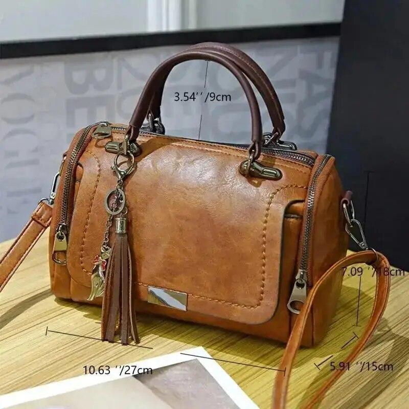Borsa a mano con decorazione a nappa, Borsa a spalla da donna di grande capacità, Borsa a tracolla alla moda con cerniera e tracolla rimovibile