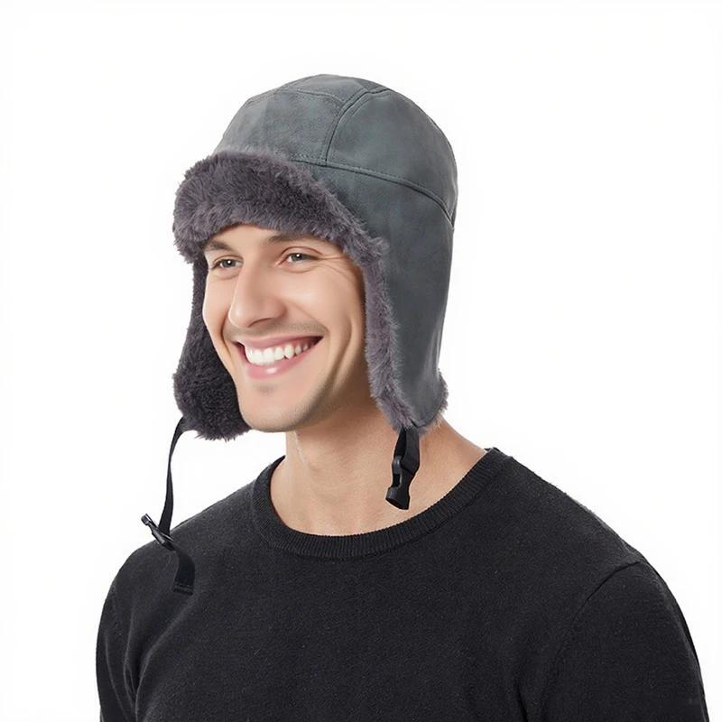New Solid Color Plush Lei Feng Hat Men and Women Winter Outdoor Riding Skiing Sport Ear Protection Windproof Leather Bomber Hats