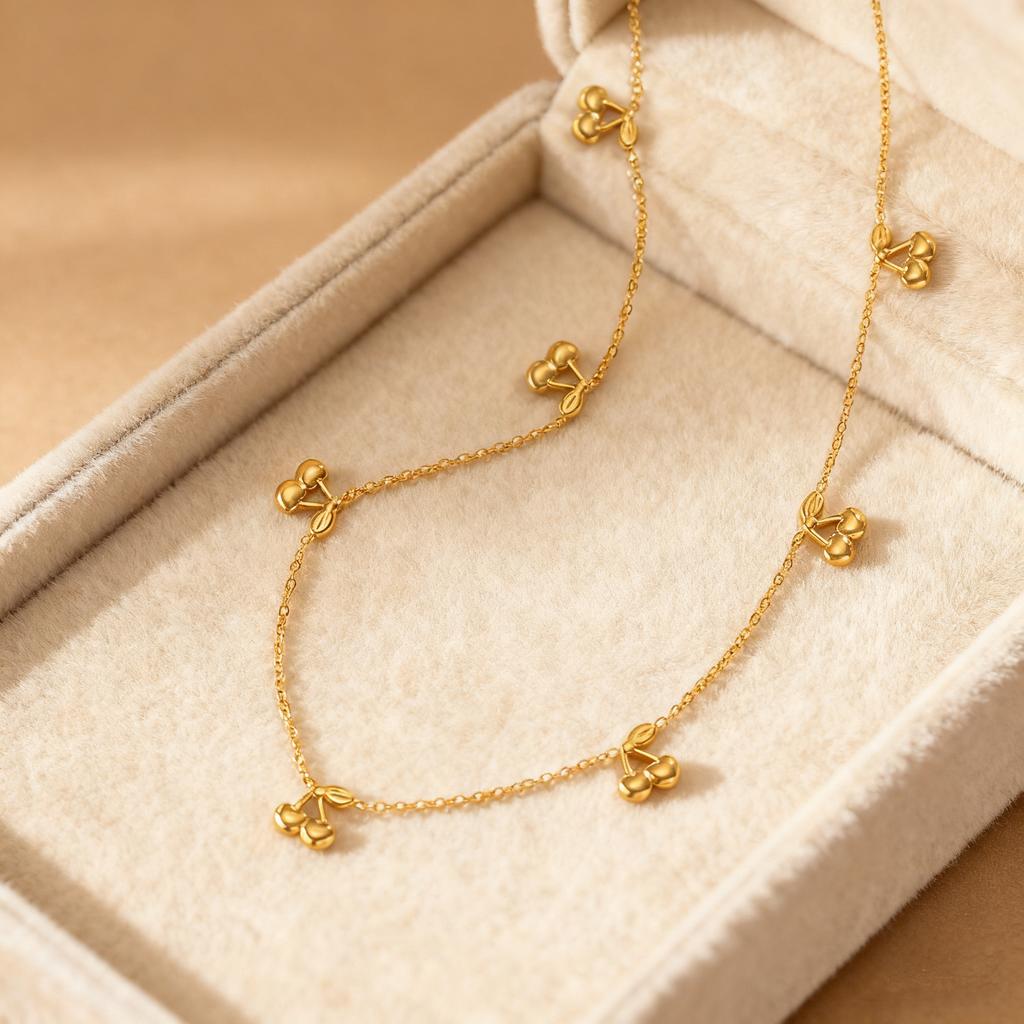 Fashion Chic Stainless Steel Cherry Chain Necklace, 18k Gold Plated Waterproof Charm Necklace, Exquisite Jewelry for Women Gift