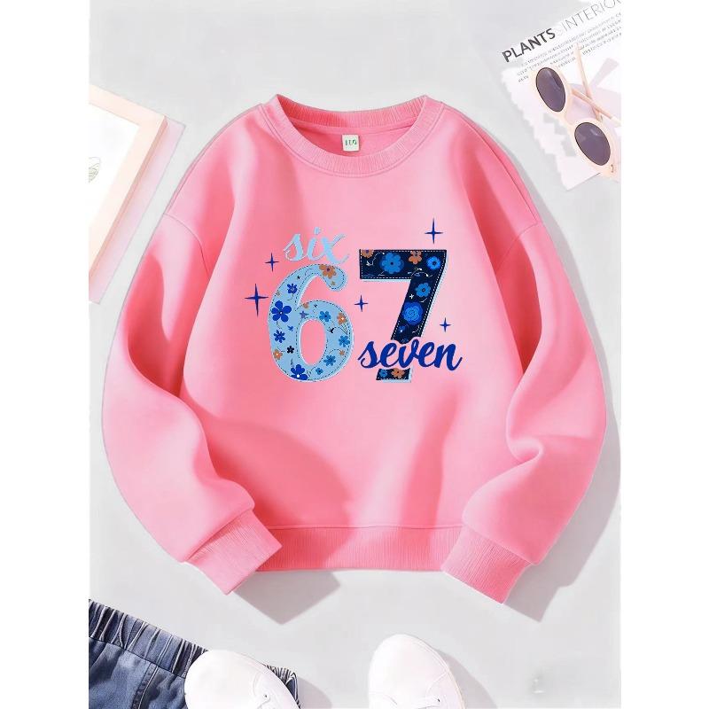 Kids Floral Six Seven 67 Print Sweatshirt Unisex Boys Girls Blue Flower Crewneck Long Sleeve Pullover Black Casual Children Streetwear Sweat Top