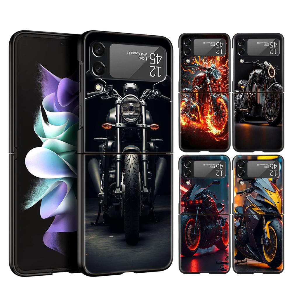 Motorcycle Hard PC Phone Case For Samsung Galaxy Z Flip 5 4 3 Black Cover For Galaxy Z Flip 6 Foldable Shockproof Cases Fundas