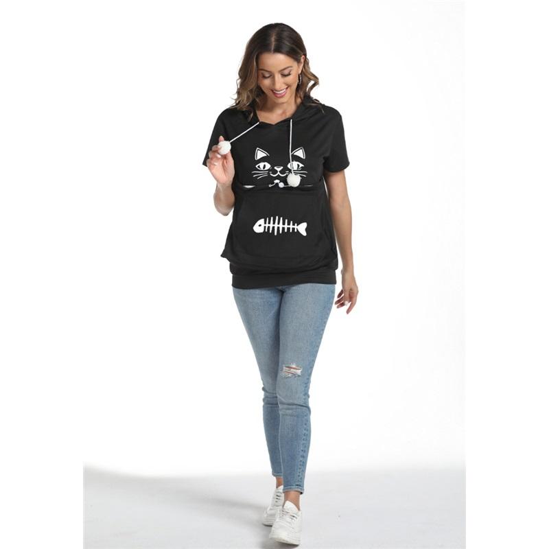 Women's summer cat face fish bone print loose large pocket short-sleeved hooded T-shirt