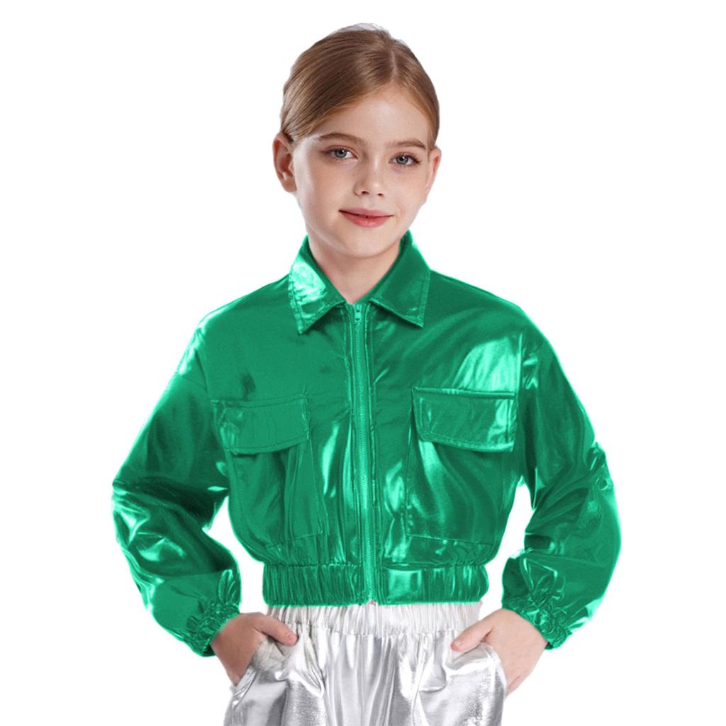 Unisex Kids Metallic Shiny Jacket Turn Down Collar Long Sleeve Flap Pockets Hip Hop Jazz Dance Outwear