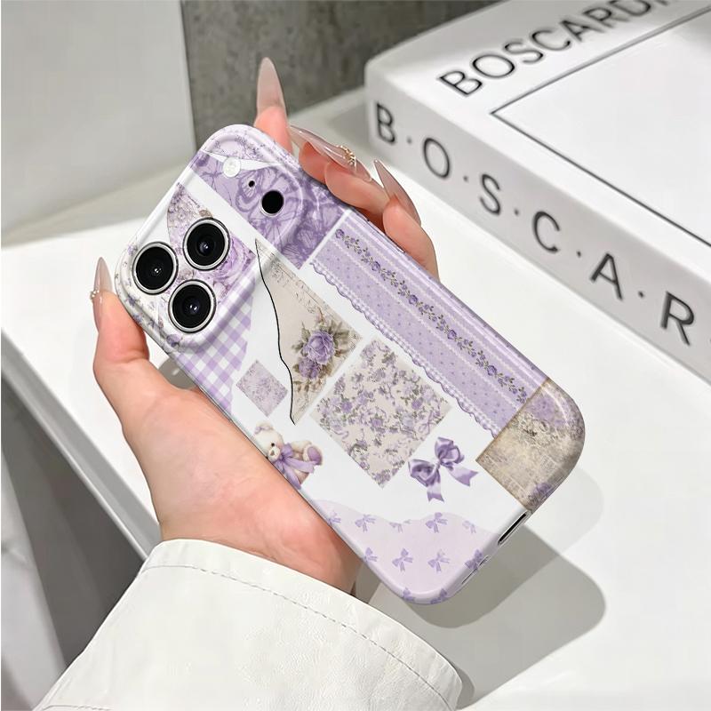 Charming Scrapbook Collage Lavender Floral Teddy Bear Ribbon Film Aesthetic Protective Shockproof Bumper Case Cover For iPhone 14 15 16 Pro Max Plus
