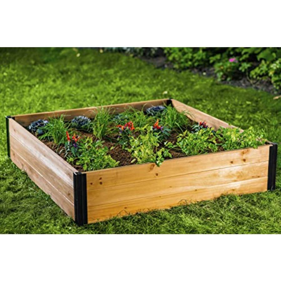 

4 Foot x 4 Foot x 11 inch Cedar Wood Modular Garden Bed with Black Aluminum Posts FSC Woodgrain Golden Brown Pre-Stained United States