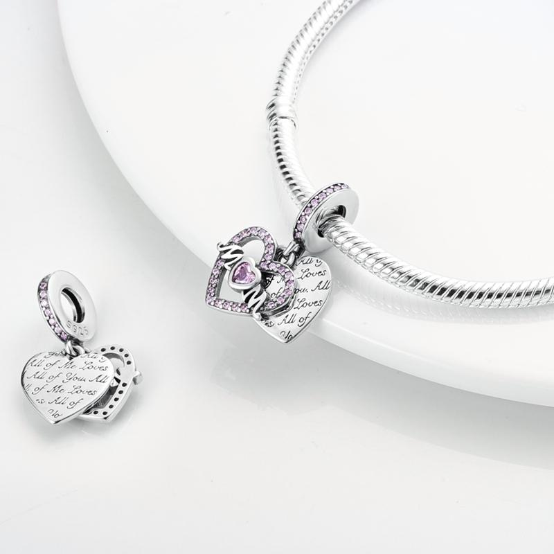 925 Sterling Silver Dangle Charm Beads Family Heart Fit Original Bracelet DIY For Pendant Necklace Making Mother's Day