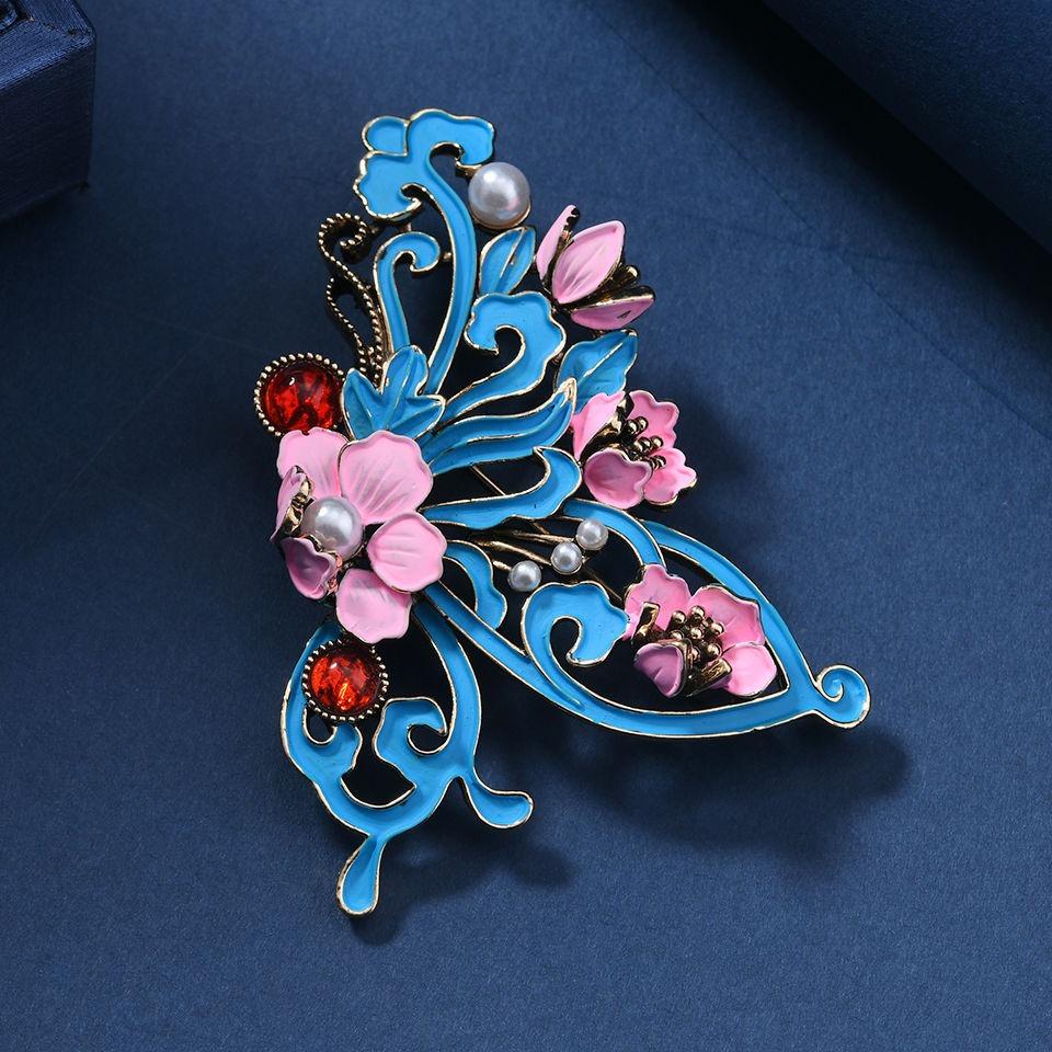 Chinese Style Enamel Butterfly Brooch Vintage Floral Design Enamel Flowers Enamel Pearl Accents Perfect Adding Oriental Hanfu