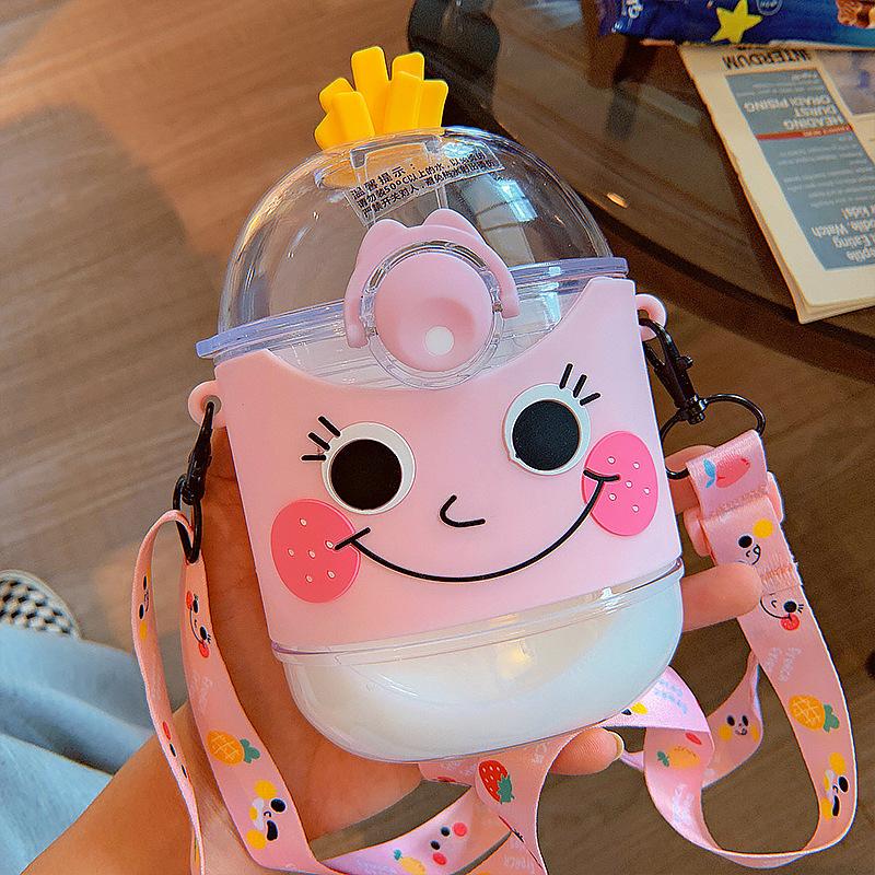 Summer Charming French Fries Water Bottle With Straw Clear Square Plastic Water Bottles for Kids Lightweight School Drinking Cup