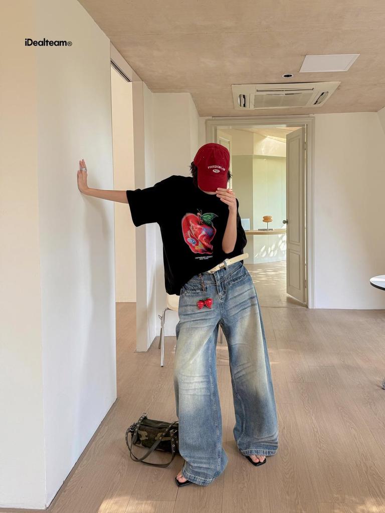 INSS Retro Washed American Style Loose Wide-Leg Denim Pants Women, Floor-Length, Spring 2026 #900501