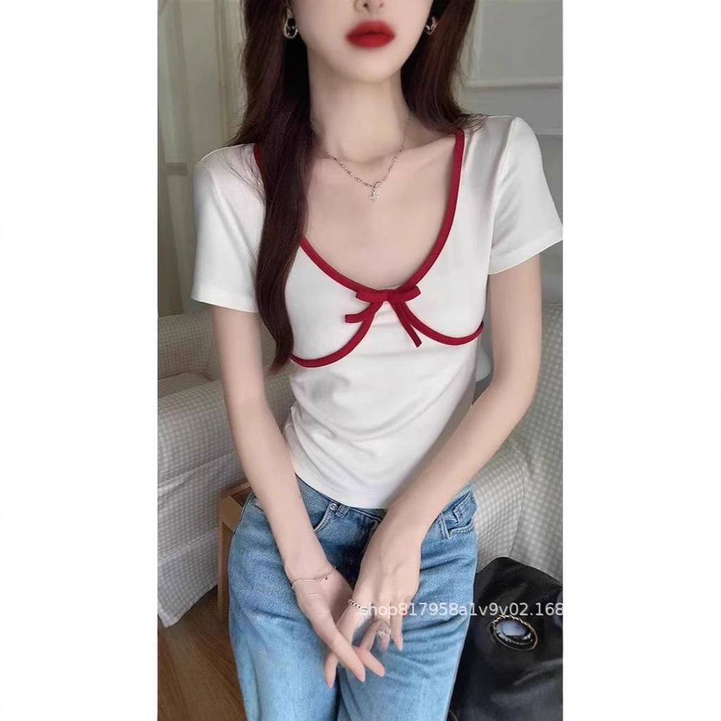 Koreanischer Stil Sommer 2025 Damen Schlankmachendes Kurzarm Schleife Farbblock V-Ausschnitt Top