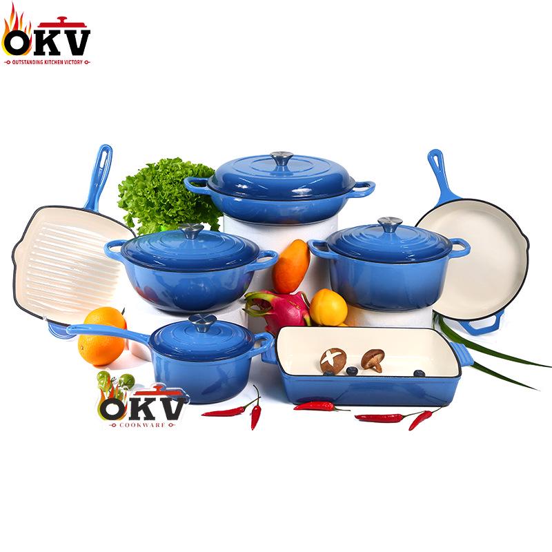 Emaljerat gjutjärn 7-delars set: Soppgryta, Mamma-gryta, Stekpanna, Non-stick-panna