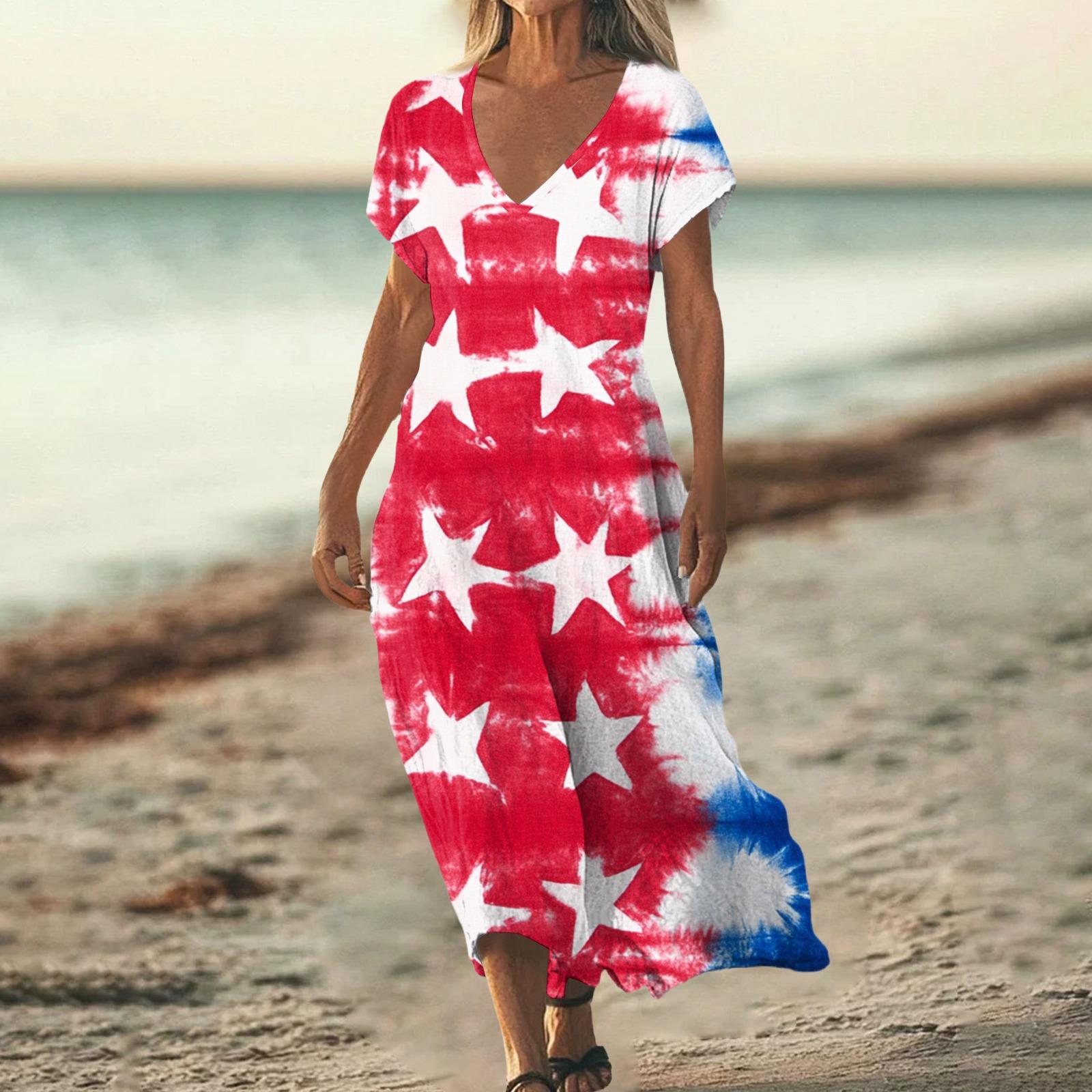 

Летнее платье Женское Длинное пляжное платье Элегантное платье V-образный вырез Короткий рукав Летнее платье Легкое Воздушное XL красный