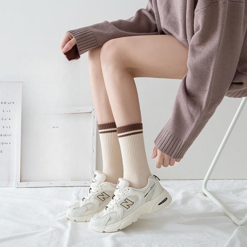 5 Pairs Trendy Striped Socks for Women Middle Tube Socks Japanese Style Fashion All-match Socks Solid Color Girls Socks
