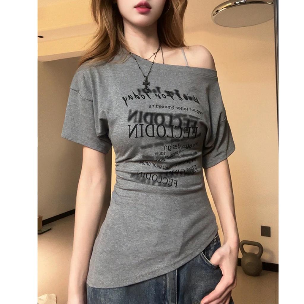 Pure desire style design slanted shoulders irregular short-sleeved T-shirt women's summer American retro hottie slim-fitting slim top