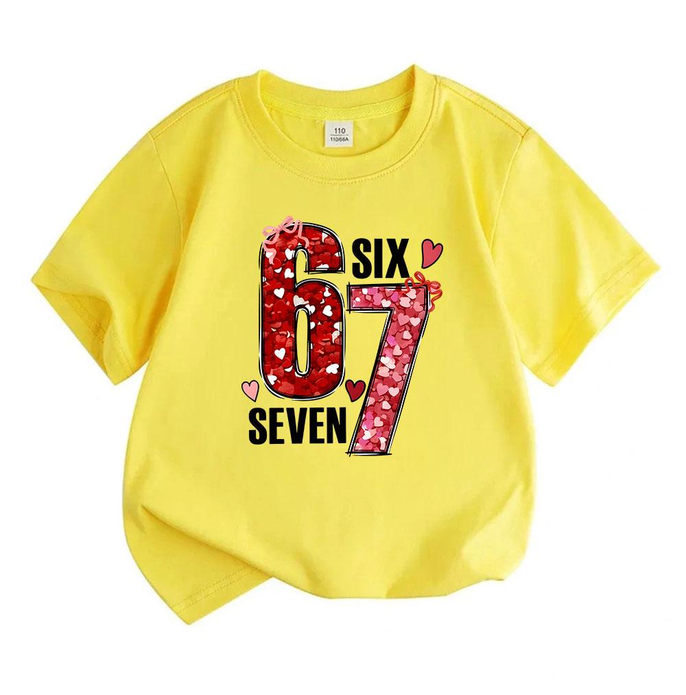 Kids Boys Girls 100% Cotton Crew Neck Short Sleeve T-Shirt, Cute 67 Six Seven Heart Pattern Valentine Themed Casual Soft Tee for Children Daily Wear