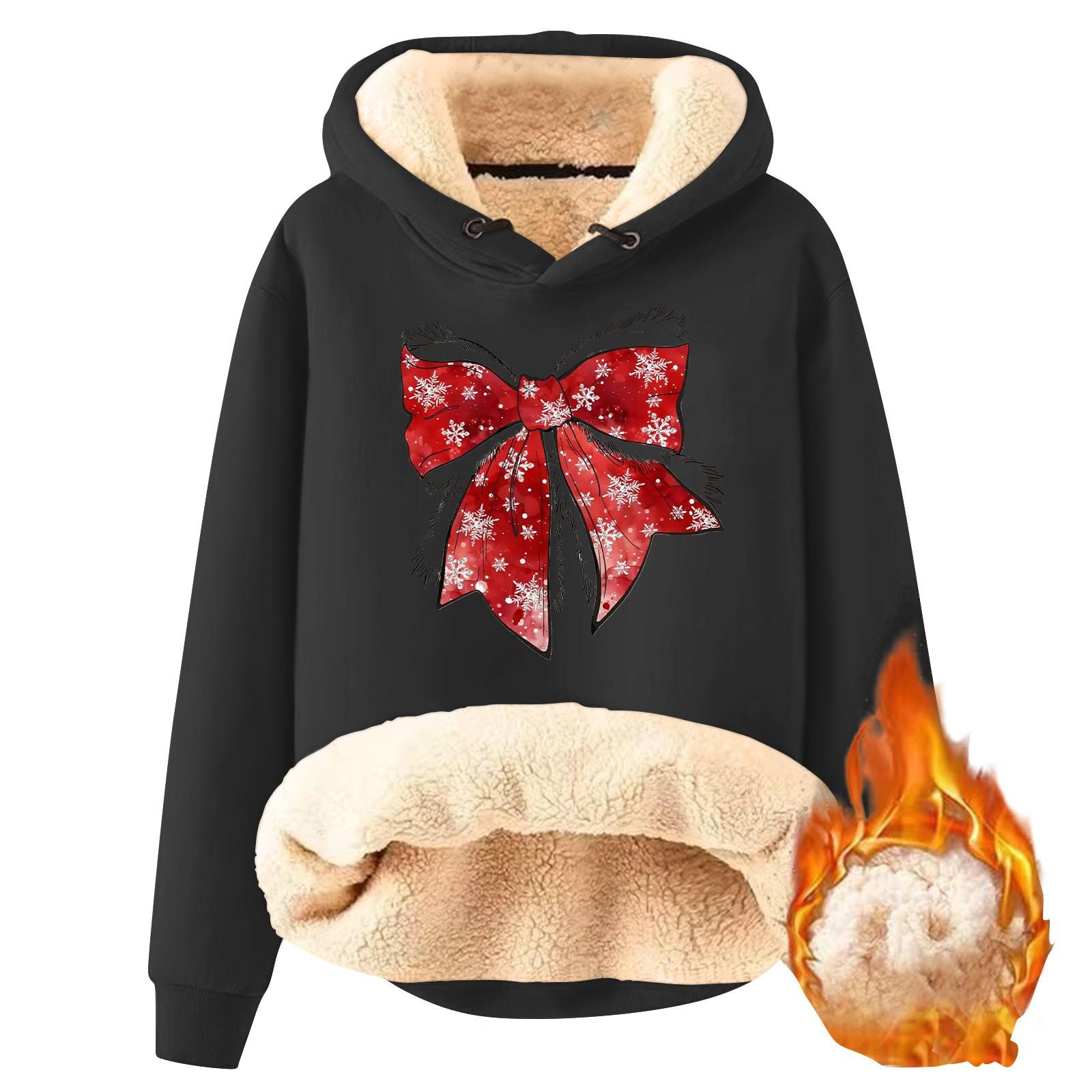 Женская модная плюшевая теплая свободная толстовка с капюшоном и рождественским бантом L чёрный 2153₽