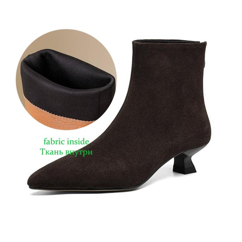 Krazing Pot Cow Suede Nubuck Winter Pointed Toe Preppy Style Stiletto Thin Med Heels Women Zip Women Ankle Boots