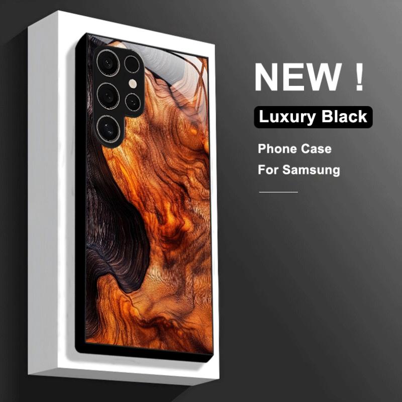 Texture brun orangé Luxe exquis Étui de téléphone haut de gamme Étui de téléphone en verre pour Samsung Galaxy S26 S25 S24 S23 S22 S21 FE Ultra Plus