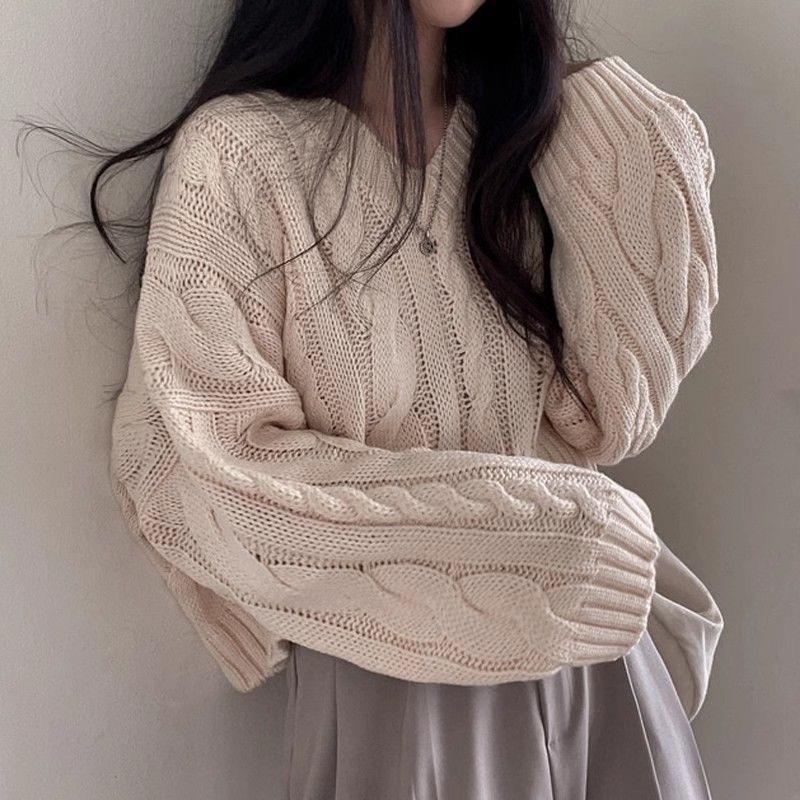 Autumn and Winter Korean Chi Retro Fried Dough Twists Thick Needle Sweater Pullover Short Sleeved Sweater Women