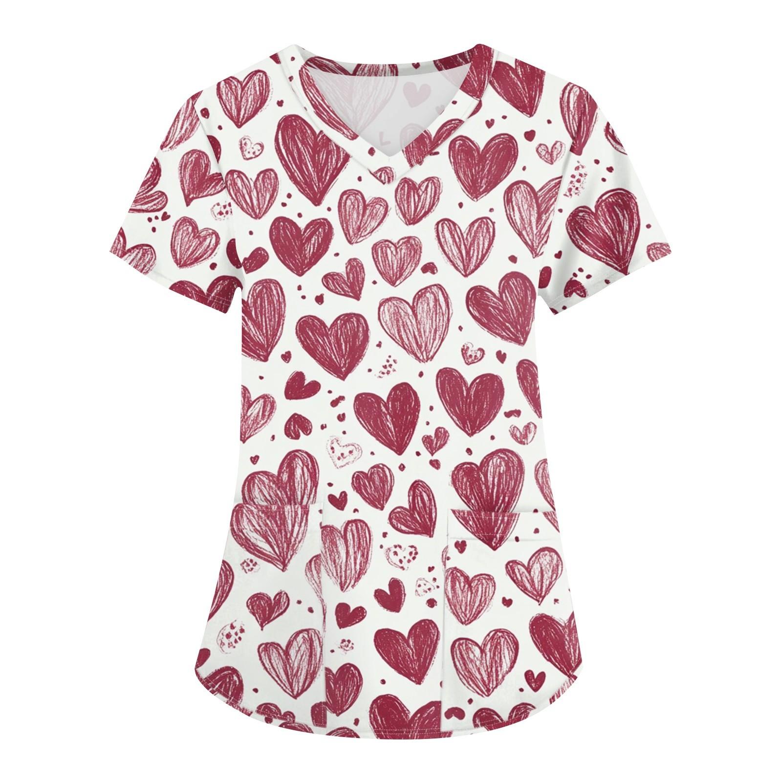 

Большие размеры, печатные рабочие униформы, топы для женщин, крестообразный V-образный вырез, День святого Валентина, принт, короткий рукав, забавные футболки, рабочая одежда, футболка с карманами XL винный