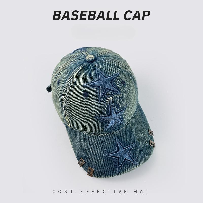 Spring and summer sunshade three-dimensional stars embroidery washed denim baseball cap women adjustable [54-60cm]