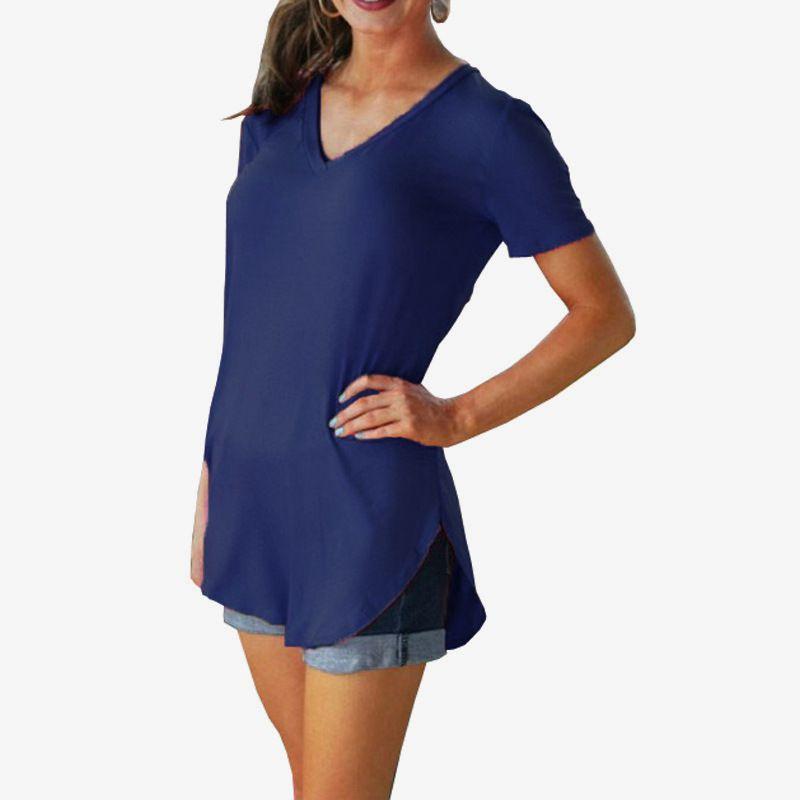 Stylish Women's Short Sleeve V-neck Hem Loose Casual Tee T-shirt For Summer Days