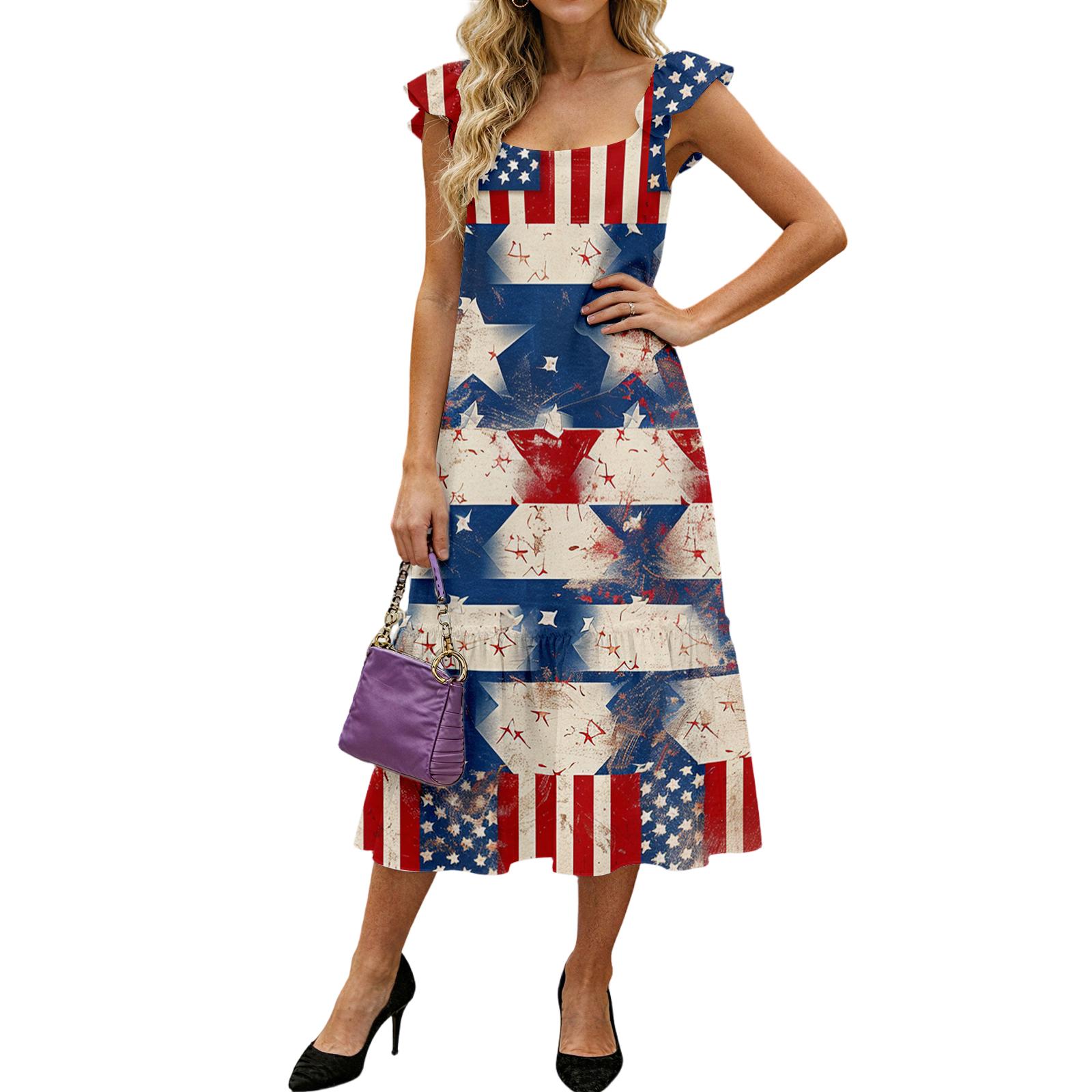 Women s Fashion Loose Mid-length Ruffled Flying Sleeve Independence Day Printed Dress L синий