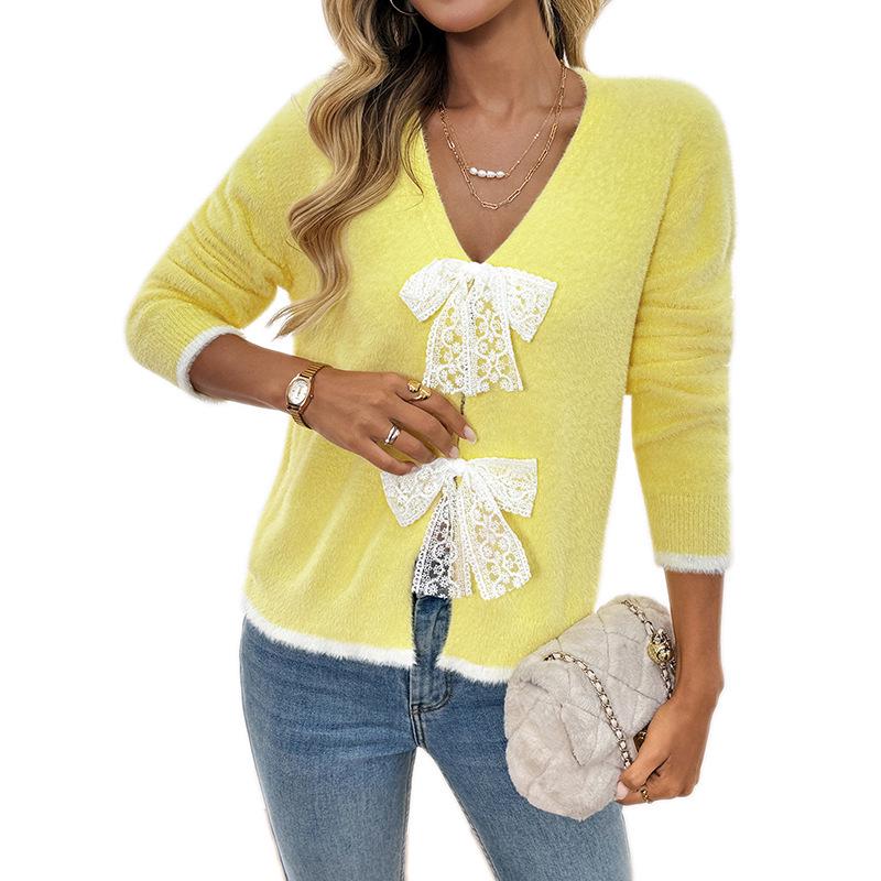 Women's V-neck Bowknot Knit Sweater - Autumn/Winter 2026 Collection